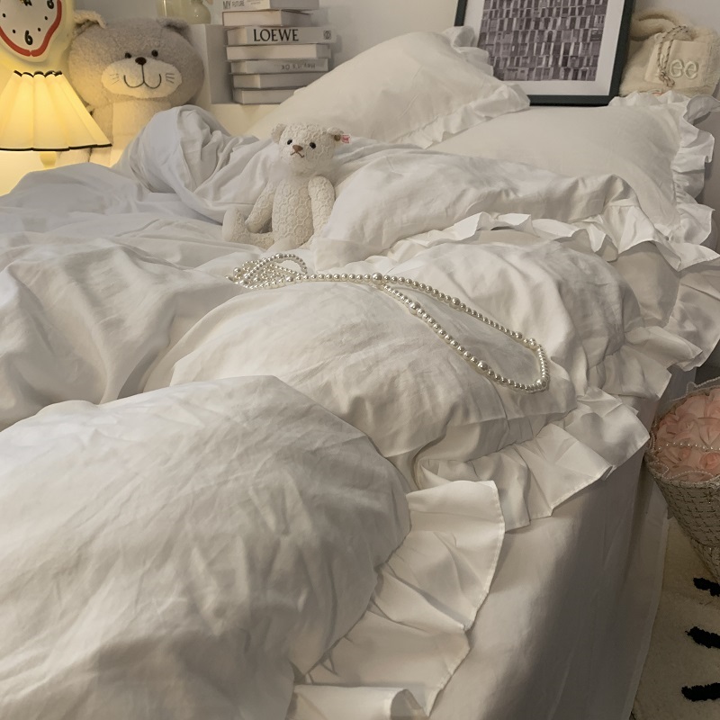 韩版纯色花边被罩四件套荷叶边床裙款水洗棉床单被套少女心三件套