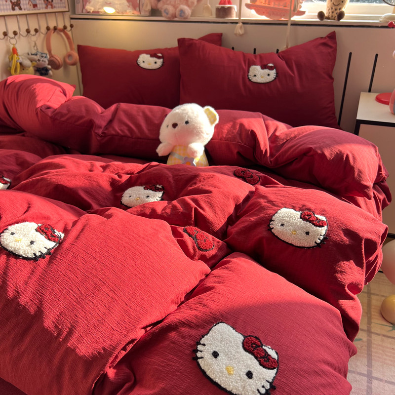 韩式ins开运红水洗棉床上四件套超柔毛巾绣被套床单人学生三件套