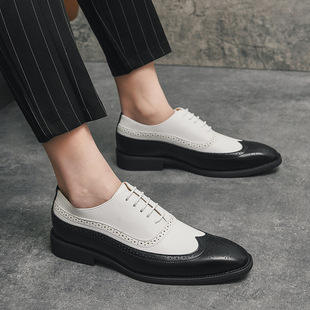 可代发跨境布洛克方头皮鞋欧美双拼色正装男鞋大码商务正装休闲鞋