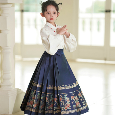 蓝色女童马面裙套装春夏2024新款新中式国风儿童大童汉服日常可穿