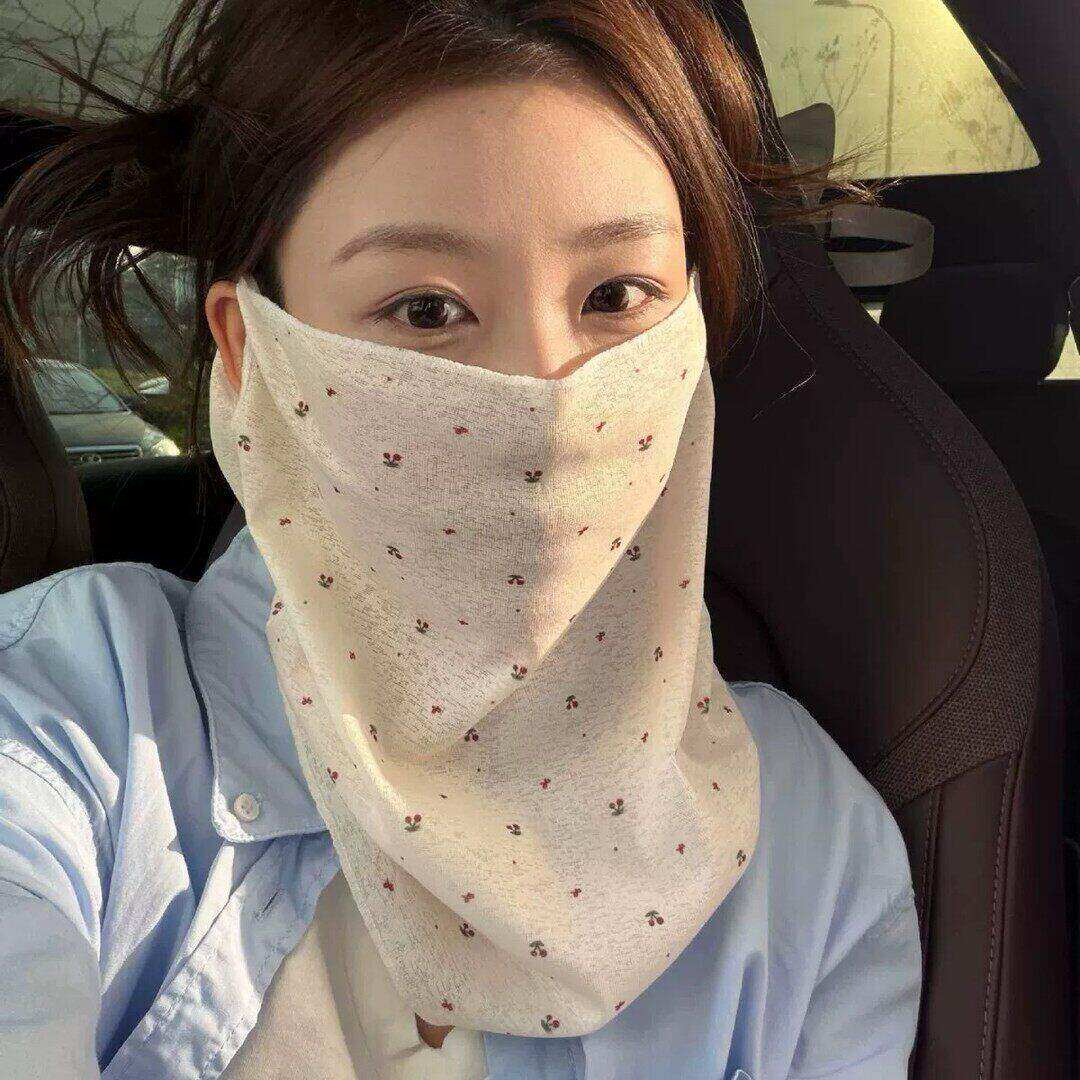 夏季碎花仿竹麻防晒脖套女防紫外线冰丝薄款护颈半脸防护面罩口罩