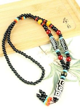 2026简款三彩片九眼天珠项链 玛瑙天珠毛衣链 老玛瑙项链 民族风