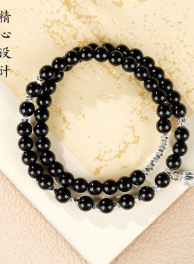 2026天然乌金黑曜石水晶手串8mm银色花苞款手链女生双圈碎银国风