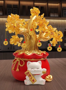 2025喜庆发财树招财猫摆件开业礼物店铺收银台客厅装饰品乔迁新居