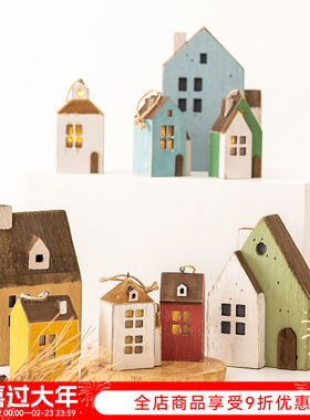 YBOX创意乡村田园木质小房子家居发光摆件挂饰圣诞装饰咖啡店饰品