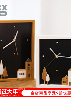 YBOX木制小屋挂钟长方形简约桌面摆件客厅挂饰家用时钟饰品电池款