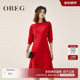 OBEG欧碧倩醋酸红色连衣裙冬季 飘带设计优雅中长裙1094082
