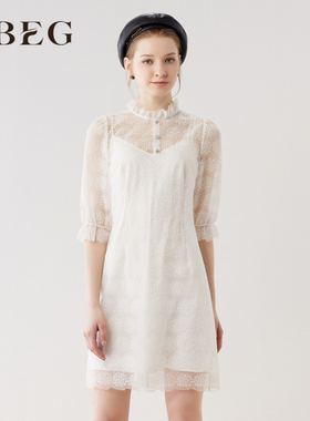OBEG欧碧倩奥莱特卖夏小立领蕾丝甜美连衣裙时尚网纱裙104025