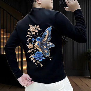 潮牌潮流帅气黑色卫衣男款秋冬蝴蝶印花修身圆领加绒长袖男士上衣