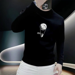 潮牌潮流帅气宇航员印花黑色加绒卫衣男款秋冬修身圆领长袖男高级
