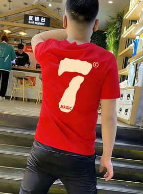 美式复古数字印花休闲男士t恤短袖夏季街头潮牌痞帅红色半袖上衣