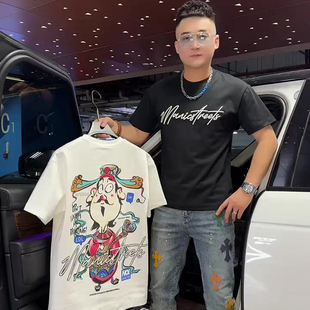 潮牌轻奢高级感财神爷印花短袖t恤男士潮流气质半截袖体恤衫上衣