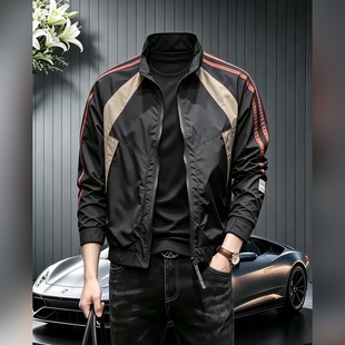 撞色立领夹克男秋季薄款运动风拼色条纹防晒外套韩版修身上衣男生