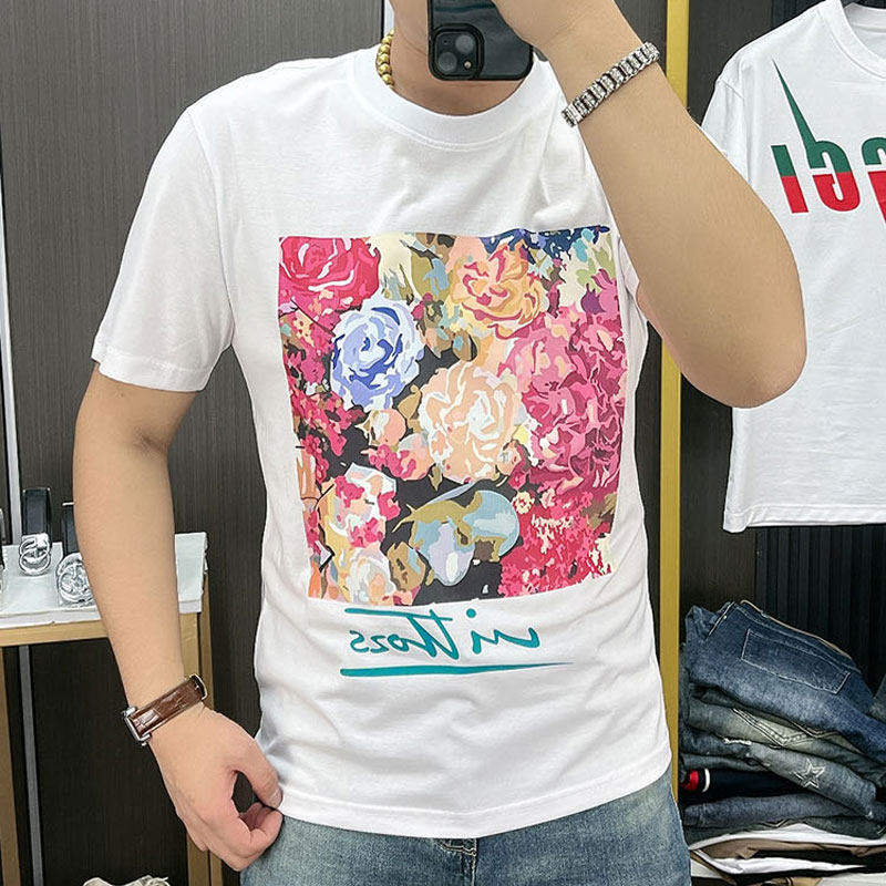 个性大玫瑰花男士t恤夏季潮流男装文艺复古碎花修身短袖印花体恤