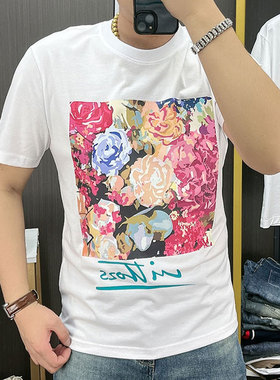 个性大玫瑰花男士t恤夏季潮流男装文艺复古碎花修身短袖印花体恤