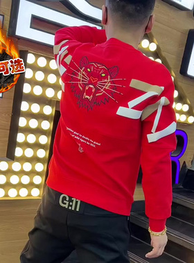 虎年潮牌红色卫衣男士精神小伙修身套头长袖潮流网红爆款加绒上衣