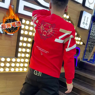 虎年潮牌红色卫衣男士精神小伙修身套头长袖潮流网红爆款加绒上衣