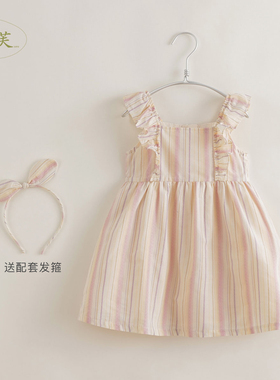 【打折】【马克珍妮 法式】2022年夏装 女童清新条纹吊带裙220328