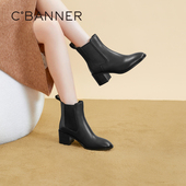 千百度牛皮时装 切尔西靴复古短筒骑士靴方跟百搭烟筒靴