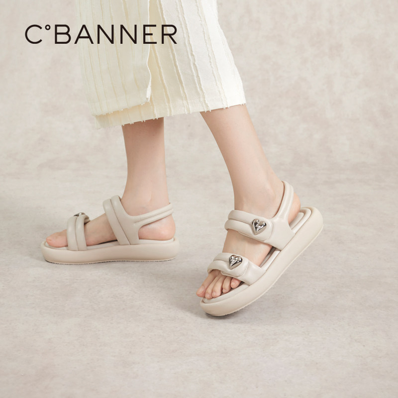 千百度厚底增高休闲沙滩凉鞋女夏季新款面包平底沙滩羊皮凉鞋