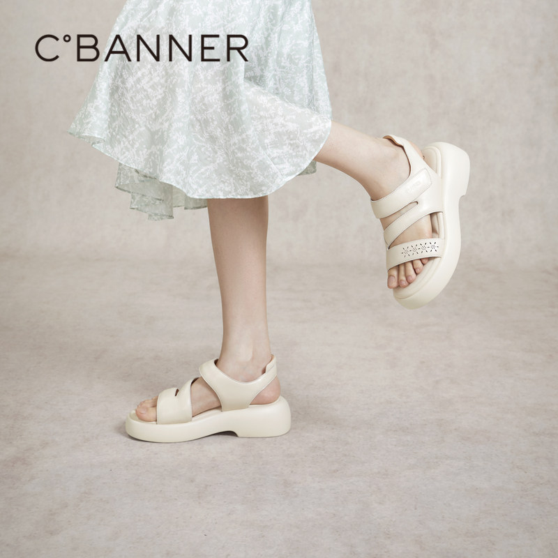 千百度厚底增高露趾休闲凉鞋女夏季新款魔术贴时尚百搭凉鞋