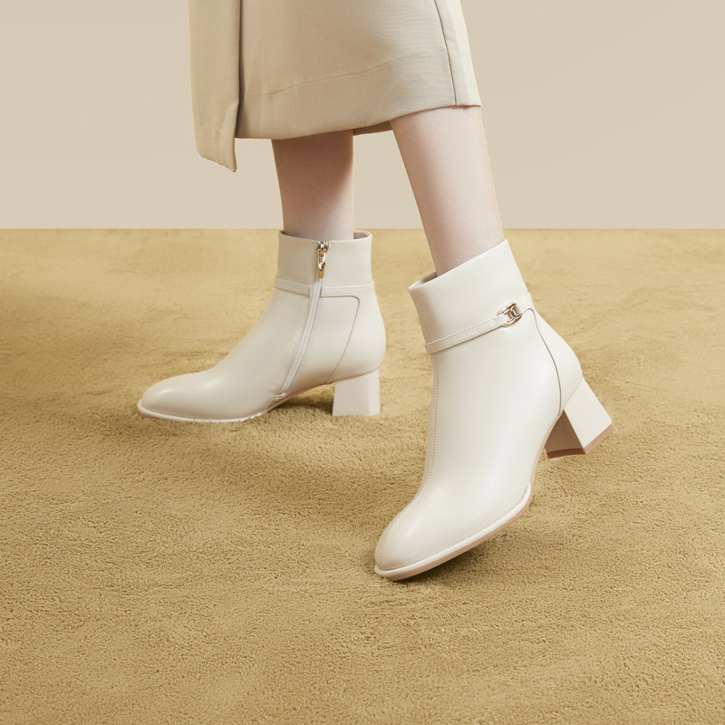 千百度高跟时装靴新款秋冬粗跟羊皮瘦瘦靴显瘦小短靴女鞋加绒,女鞋,时装靴,淘宝优惠券,粉丝福利购,淘宝优惠卷