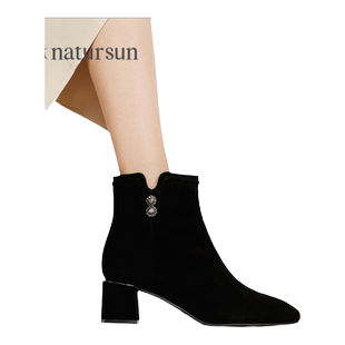 natursun高跟短靴女冬季女鞋羊皮粗跟弹力瘦瘦靴时装黑色靴子