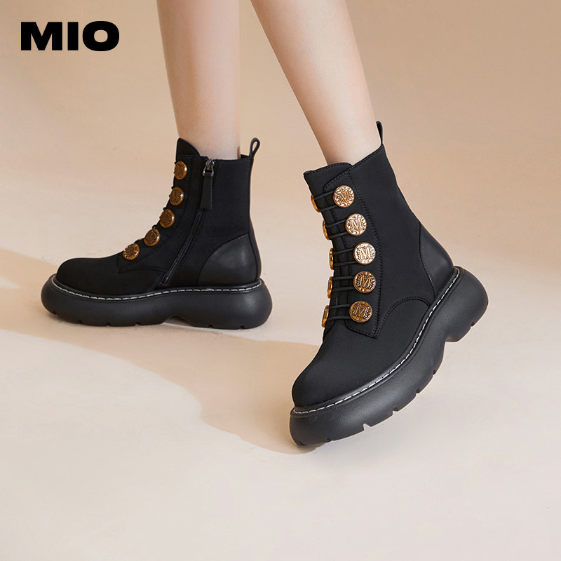 MIO米奥圆头短靴厚底黑色靴子复古浮雕马丁靴女靴