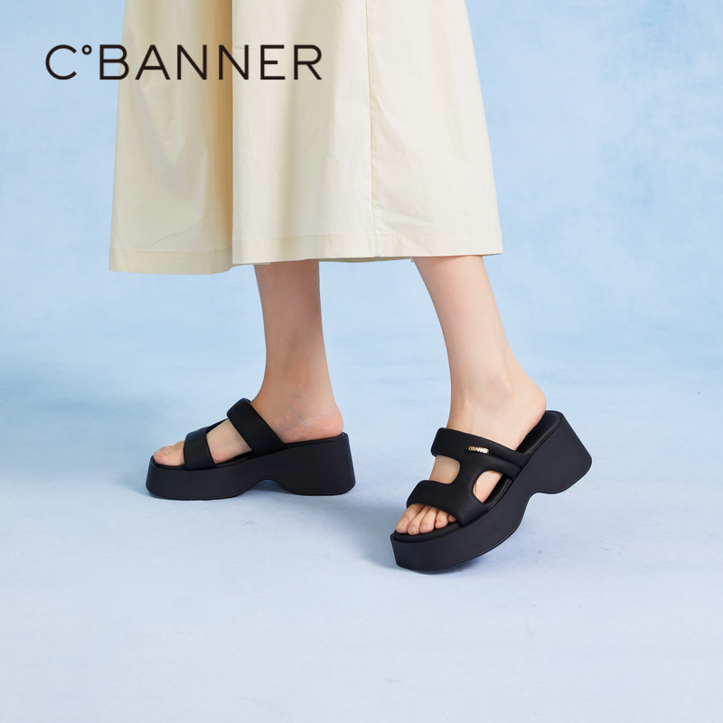 千百度增高软底夏季充棉拖鞋好穿不累脚厚底运动拖鞋女时装拖鞋