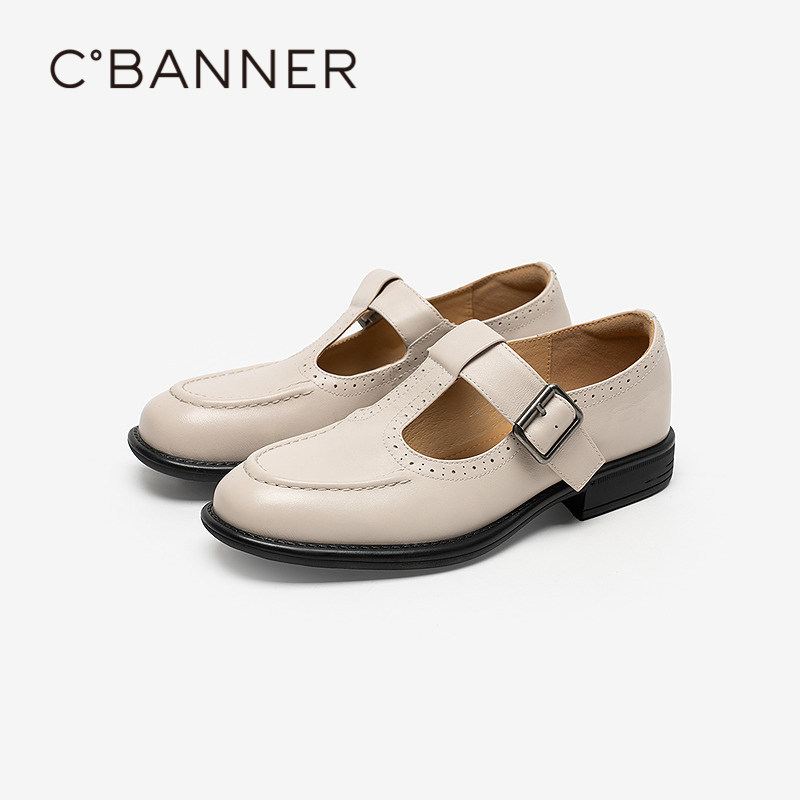 千百度26年秋季新品单鞋复古布洛克雕花小皮鞋真皮低跟玛丽珍女鞋
