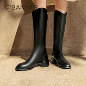 千百度粗高跟长靴冬季 新款 骑士靴女瘦瘦靴高筒靴复古显瘦百搭