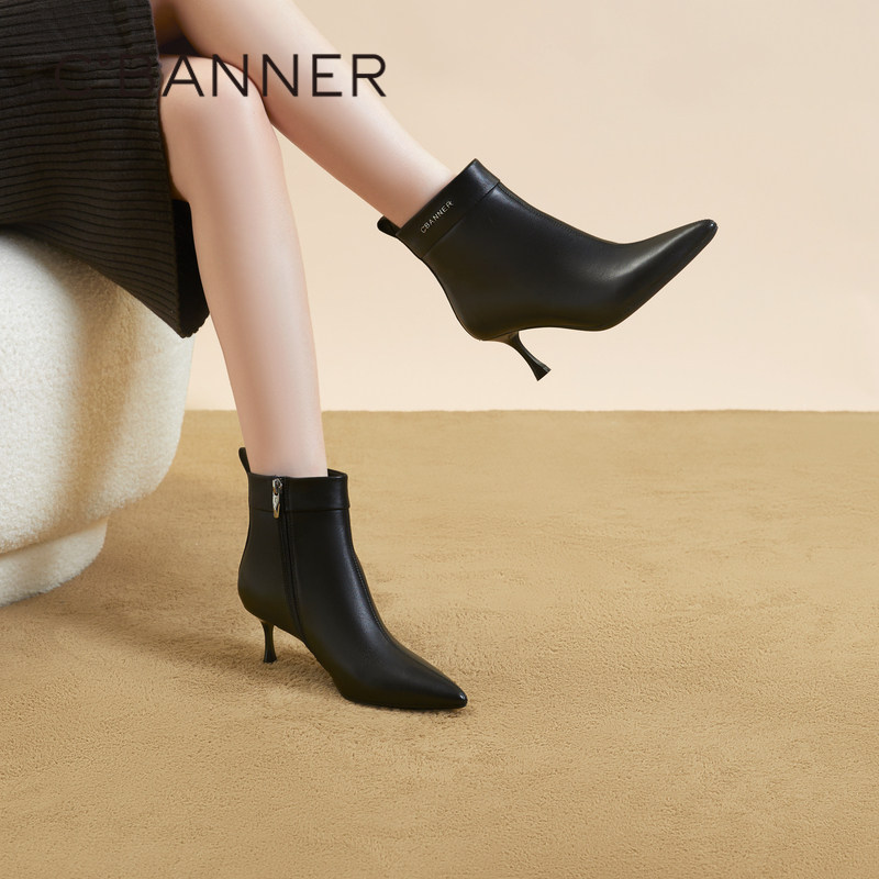 千百度尖头时装短靴女2023新款秋冬羊皮靴时尚高跟靴细跟优雅气质