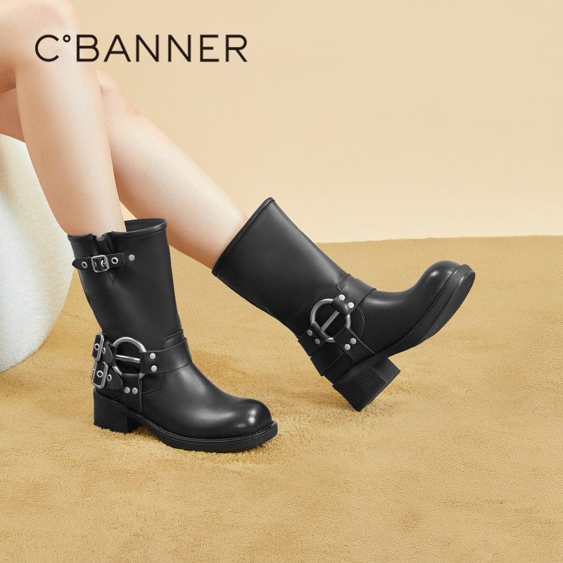 千百度美拉德西部牛仔靴冬季新款棕色复古骑士靴女中筒粗高跟,女鞋,西部靴,淘宝优惠券,粉丝福利购,淘宝优惠卷