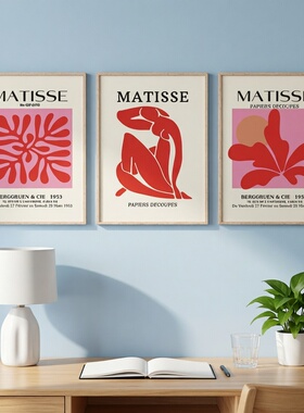 马蒂斯红色风格 Matisse现代装饰画客厅抽象植物花卉三联画高级感