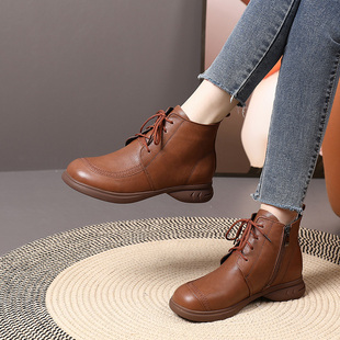 真皮妈妈短靴2023新款冬季加绒软底软皮靴子女中老年棉鞋保暖皮鞋