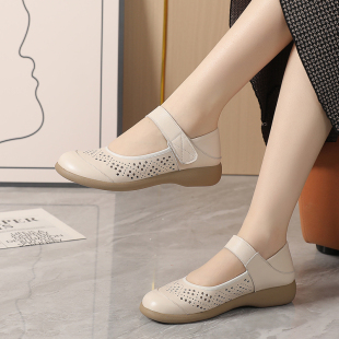 中老年舒适防滑透气女士洞洞凉鞋 真皮妈妈鞋 镂空单鞋 2024新款 夏季