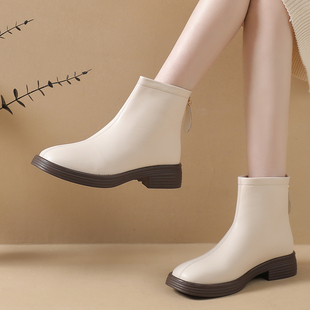 真皮短靴女2024新款秋冬加绒软底裸靴圆头配裙子瘦瘦靴大码靴子冬