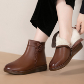 冬季 加绒加厚保暖软底棉鞋 女大码 真皮羊毛短靴中老年妈妈鞋