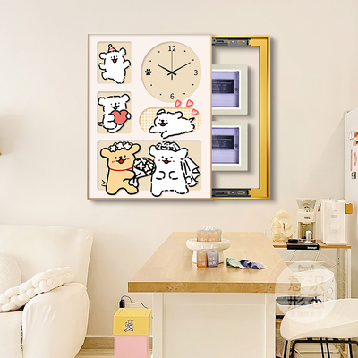 线线条小狗电表箱装饰画画竖款弱电源遮挡挂画画配电箱盖板带钟表