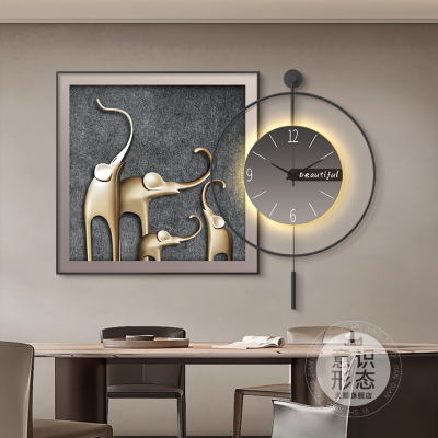 现代轻奢餐厅装饰画高级感大象时钟挂墙客厅电视机背景墙挂画钟表