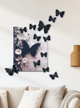 12只黑色蝴蝶3D立体仿真蝴蝶装商场婚礼布置家居美化墙壁贴防水贴