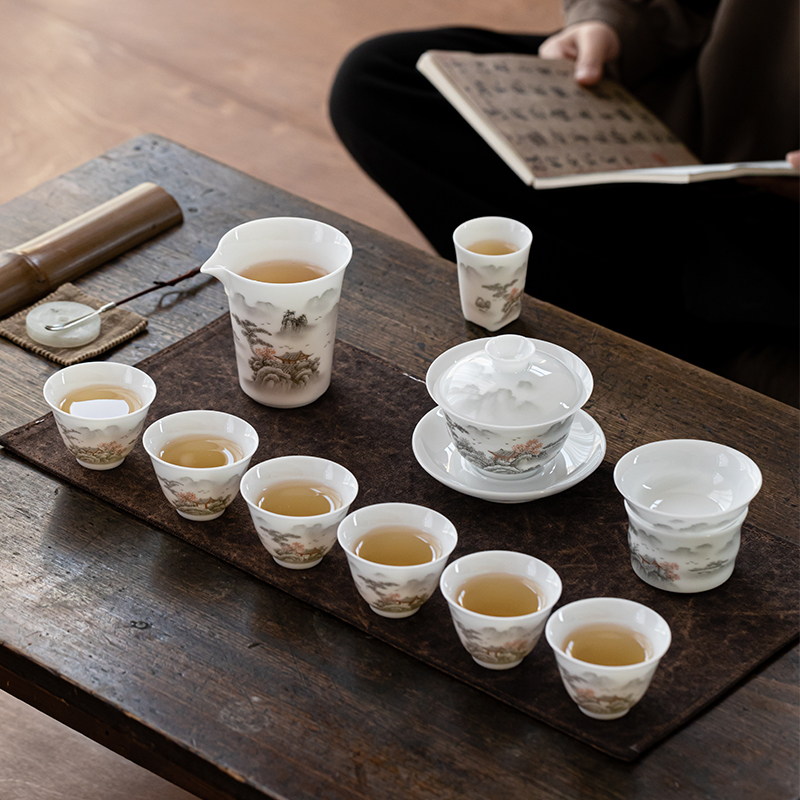 冰种玉瓷茶具套装会客厅盖碗茶杯