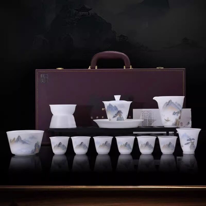匠仙曾逸腾手绘冰种功夫茶具套装轻奢高档白瓷盖碗茶具礼品礼盒装
