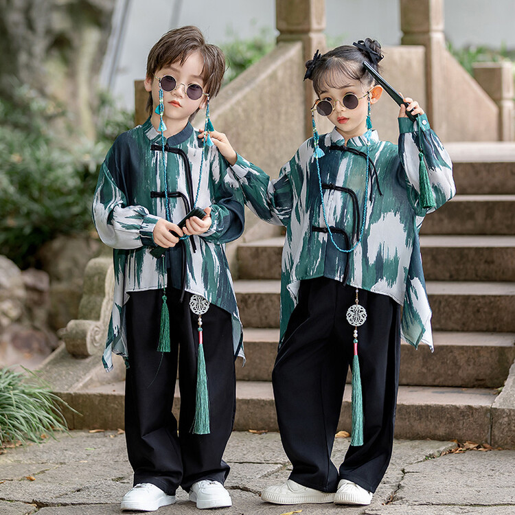 新中式国潮汉服儿 童嘻哈街舞表演服唐装套装男女小学生古风舞蹈