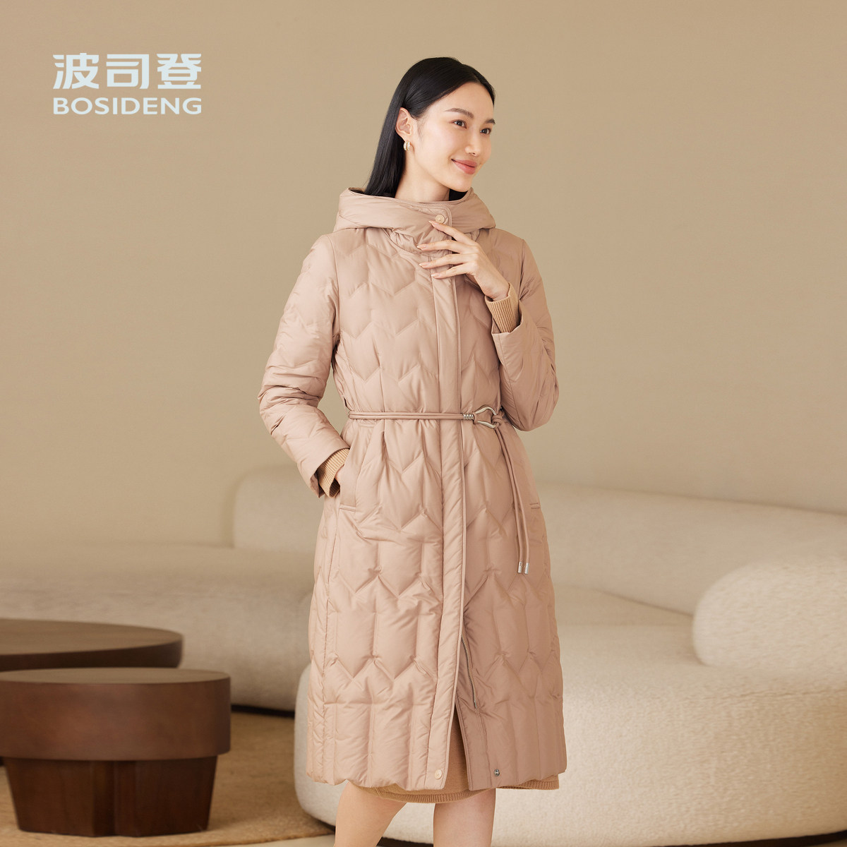 【鹅绒】波司登奥莱秋款女长款时尚优雅气质连帽收腰轻薄羽绒服