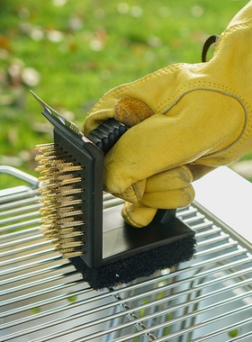 烧烤炉清洁刷BBQ三合一直角钢丝铜丝刷不锈钢户外烤炉烤网清洗刷