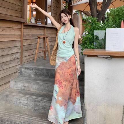 海边度假风套装独特别致褶皱背心女夏季复古扎染半身裙裙子两件套