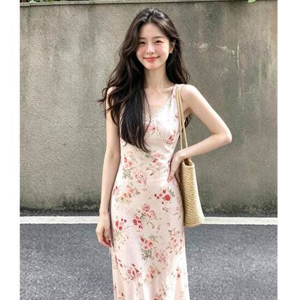 2026新款巨好看法式粉色碎花吊带连衣裙子女夏季绝美漂亮包臀长裙