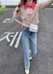 Real price 2021 new Korean Plaid Shirt foreign style short long sleeve shirt