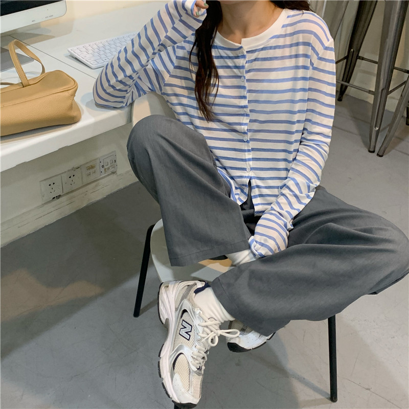 Real price spring and summer new striped cardigan sunscreen thin long sleeve loose top shirt